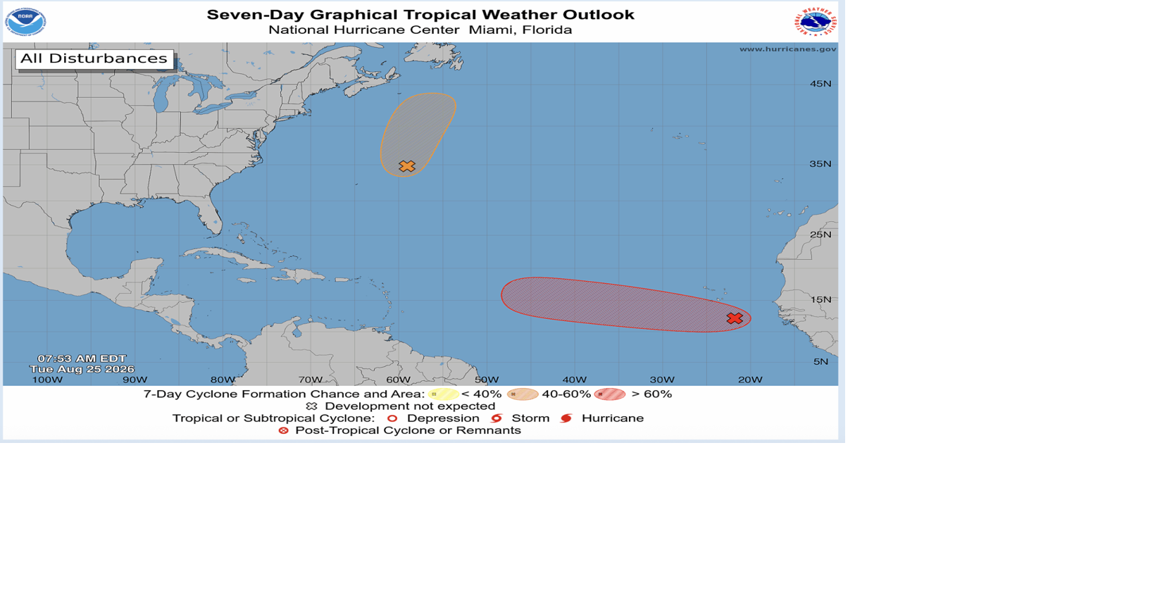 Two Atlantic disturbances could become tropical depressions in the next 2 days. See forecast.