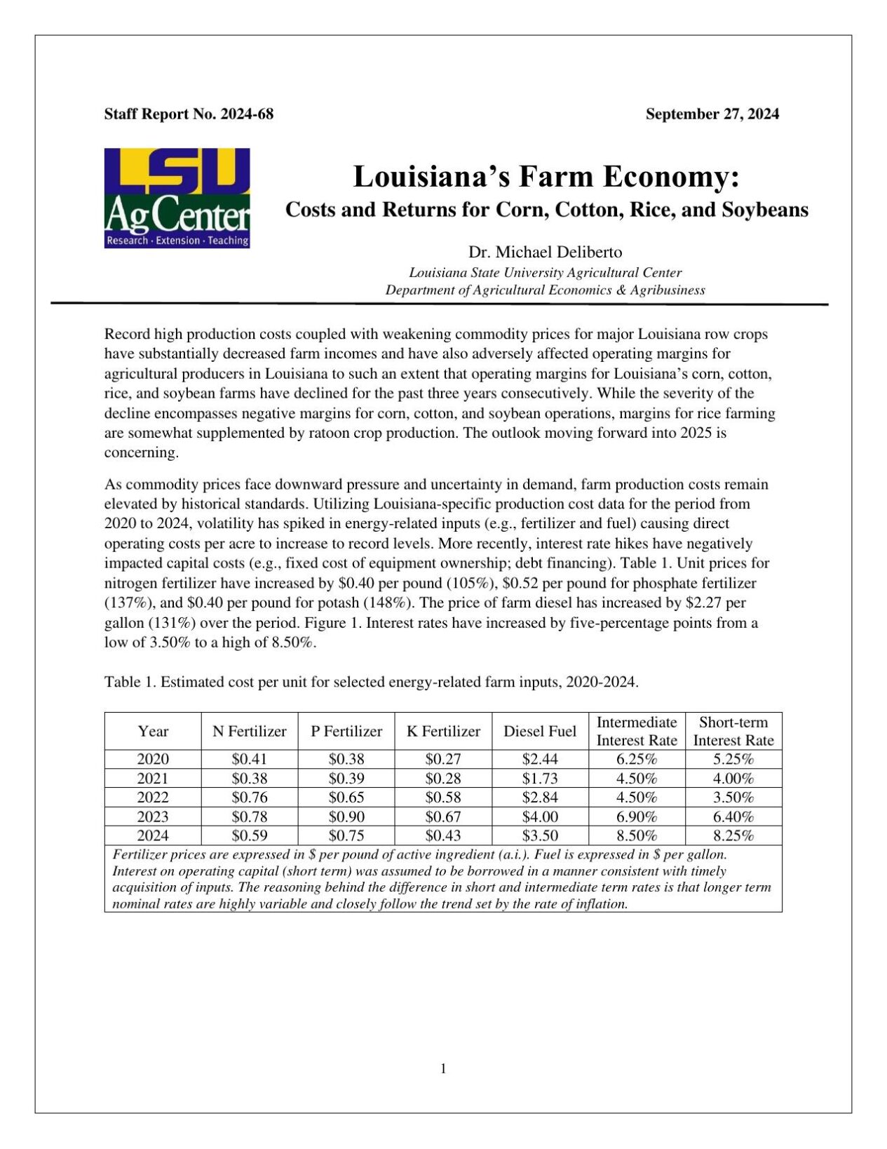 "Louisiana’s Farm Economy: Costs and Returns for Corn, Cotton, Rice ...