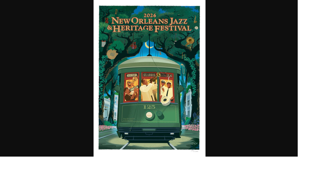 The 2026 Jazz Fest poster design takes a night ride in an Uptown New Orleans streetcar