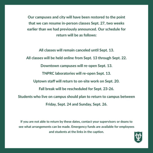 Tulane to resume online classes Sept 13 in person classes Sept 27