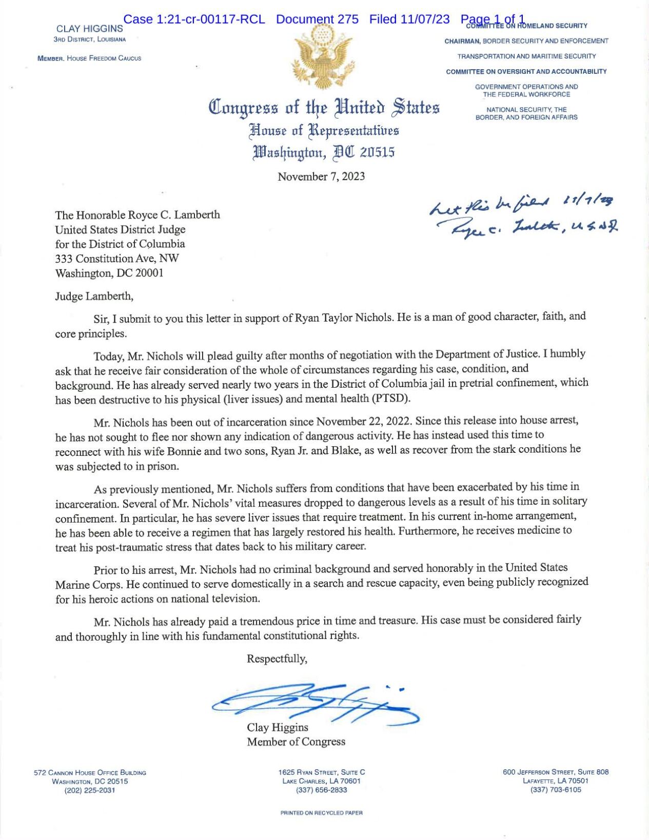 Rep Clay Higgins letter to US Courts on Ryan Nichols | | nola.com