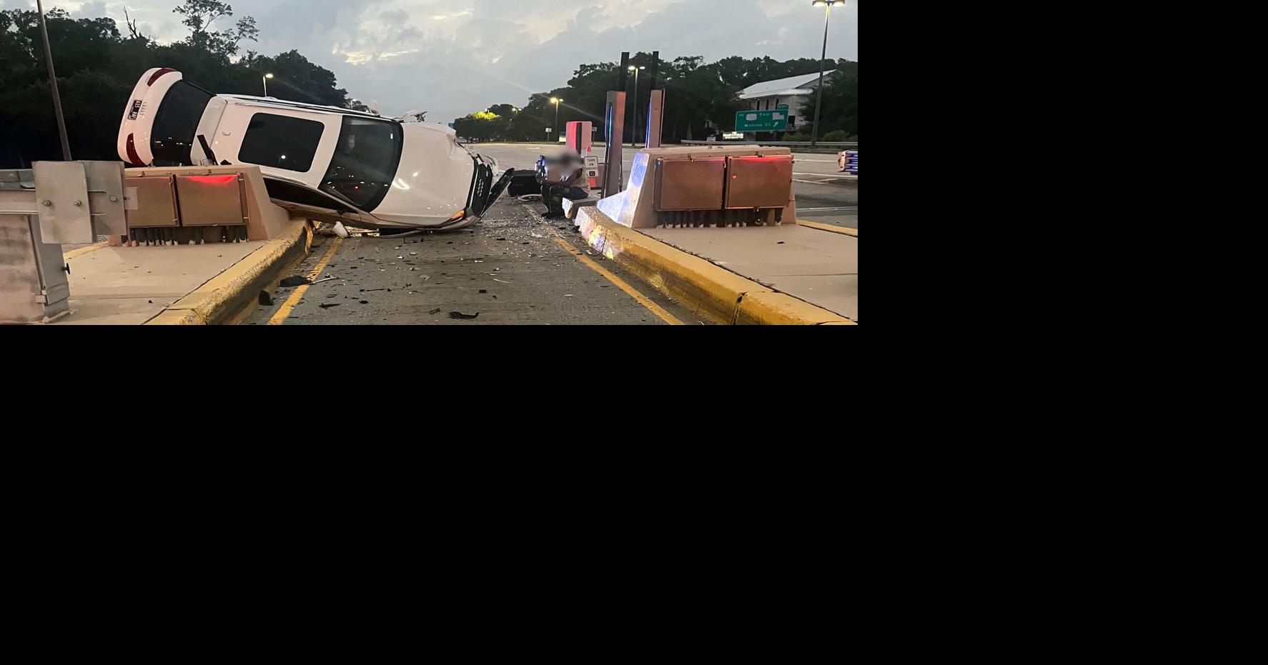 Causeway toll lanes damaged after alleged drunk driver slams into equipment, flips car
