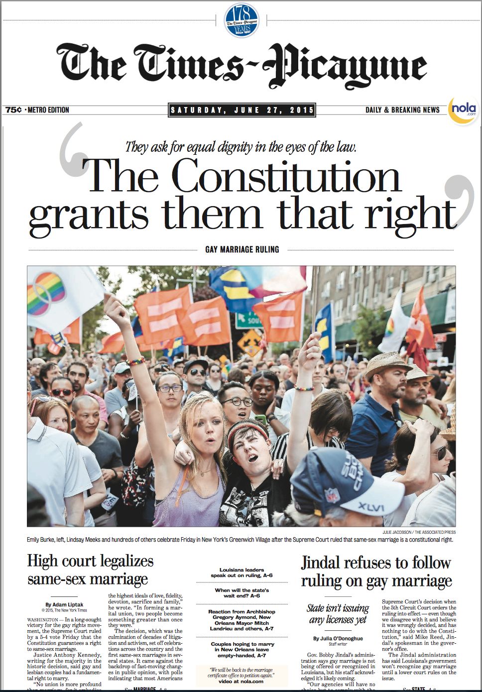 Read all about it! A look at how newspapers covered same-sex marriage  ruling | News | nola.com