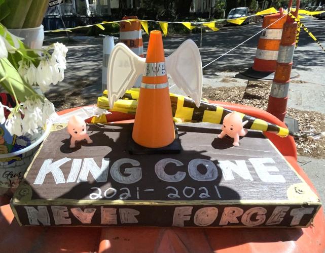 A satiric 8-ft. traffic cone was replaced with a tongue-in-cheek memorial.jpeg