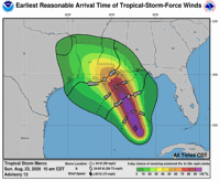 Earliest arrival time of tropical storm winds for Marco