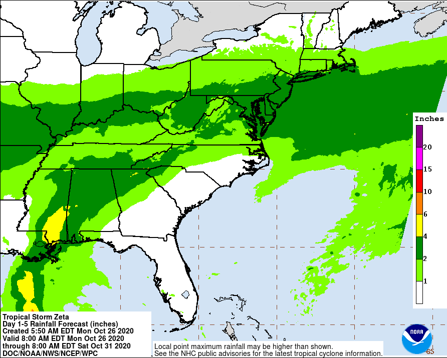 Zeta 7am Monday rainfall estimates