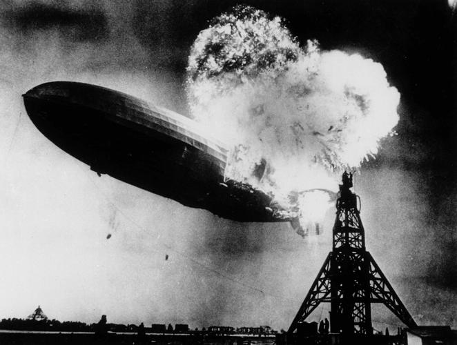 Hindenburg on fire at Naval Air Station in Lakehurst, New Jersey.