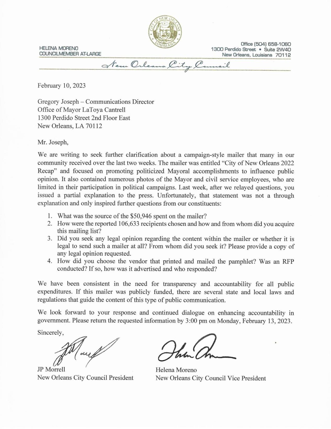 JP Morrell and Helena Moreno letter to Gregory Joseph | | nola.com