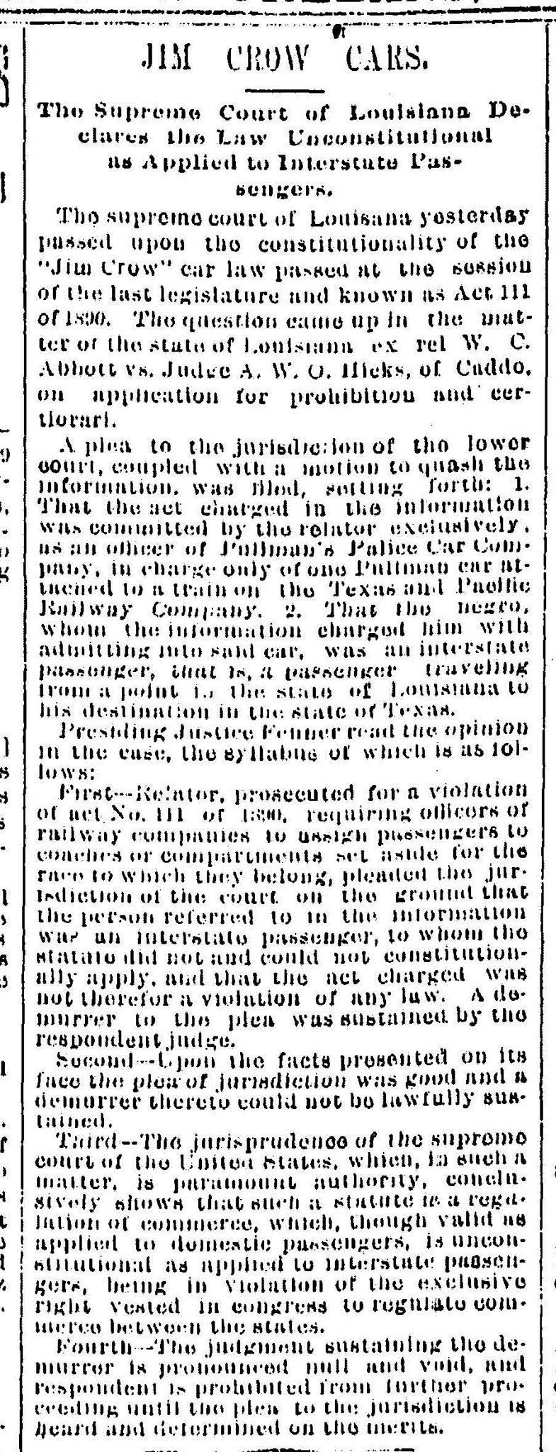 Our Times: Homer Plessy wasn't the first to challenge segregation | Local  Politics | nola.com