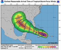 Earliest arrival times for wind for Hurricane Laura
