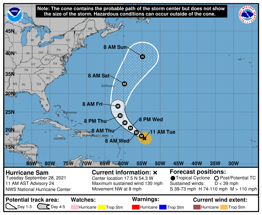 Hurricane Sam 10am track Sept 28