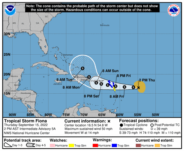 Tropical Storm Fiona 1pm track Sept 15