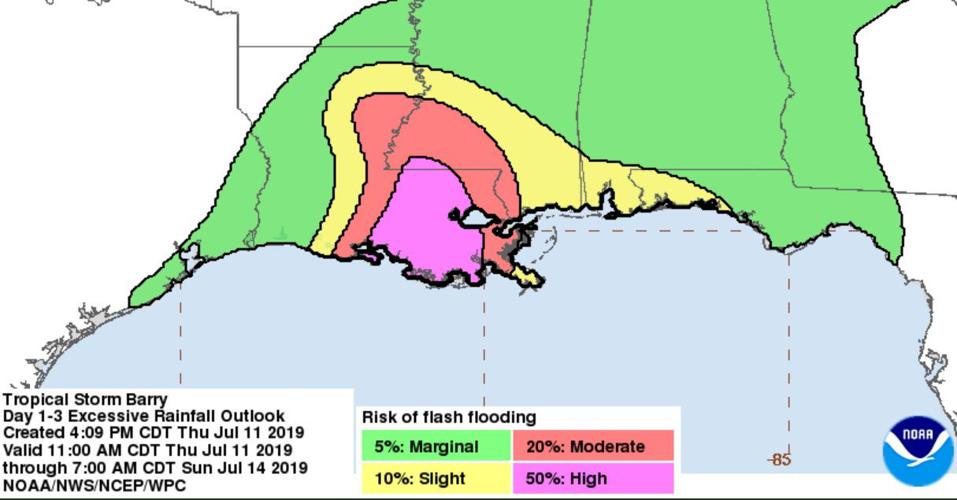 Latest Tropical Storm Barry projected rainfall Up to 25 inches in