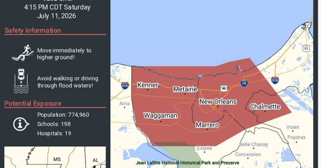 Flash flood warning for New Orleans metro area, NWS says
