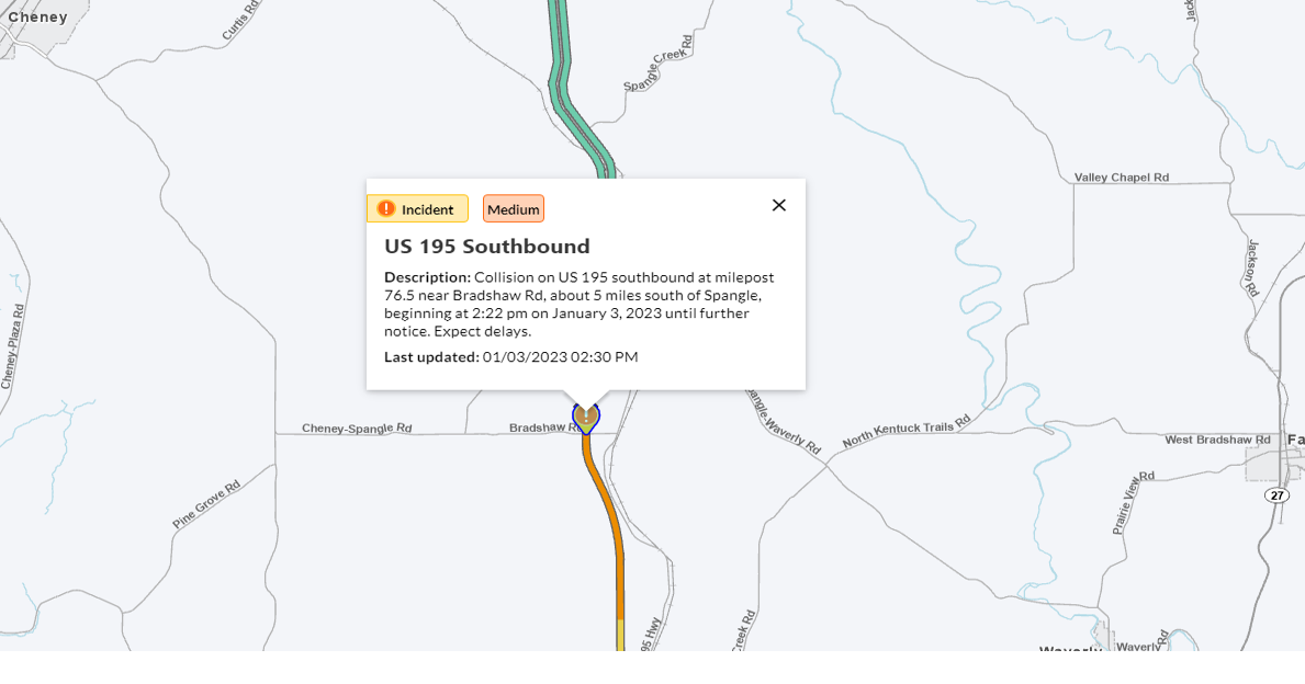 Fatal collision closes both lanes of US195 south of Spangle Spokane