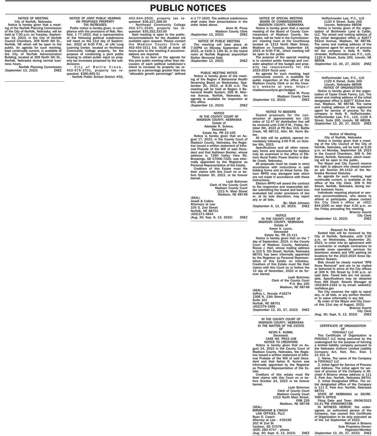 September 13 Public Notices News