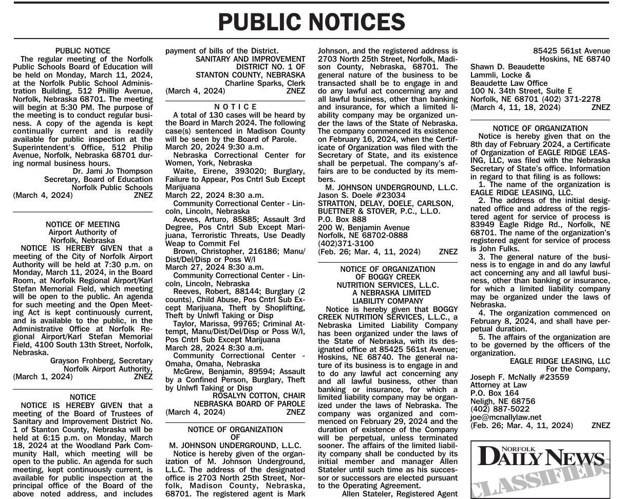 March 4 Public Notices | News | Norfolkdailynews.com