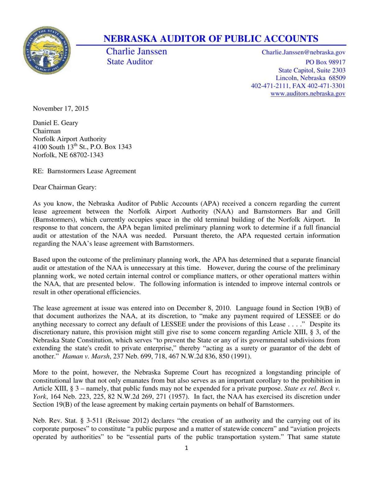 Read Letter From State Auditor Regarding Barnstormers Online Extras Norfolkdailynews Com