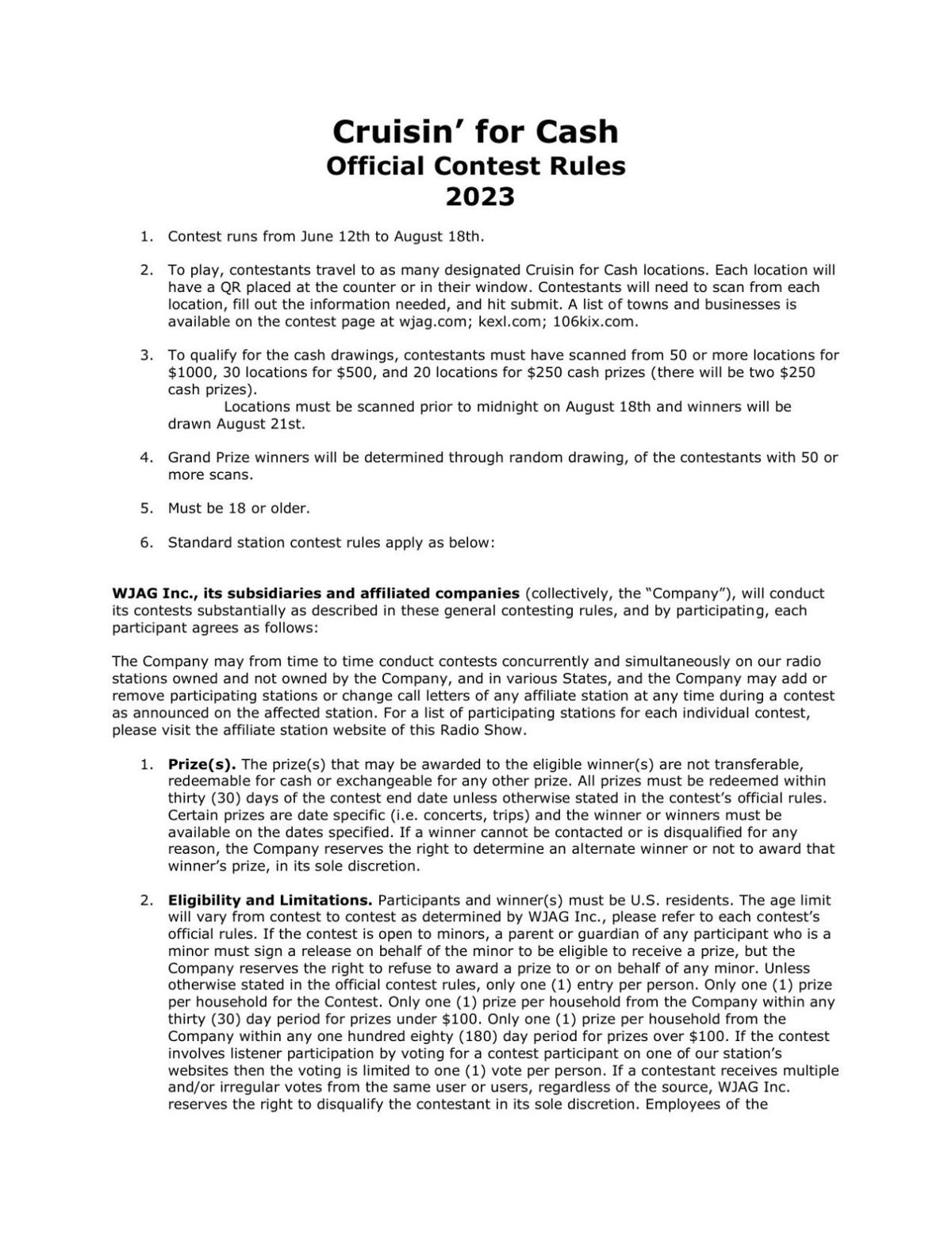 Cruisin' for CashWinners Announced WJAG