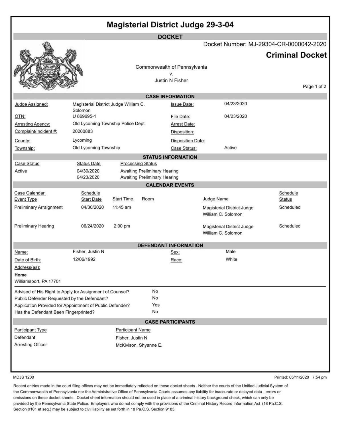 Justin Fisher docket sheet northcentralpa com
