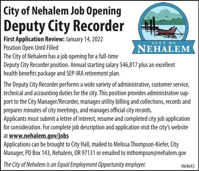 Job Opening Deputy City Recorder City of Nehalem 122821