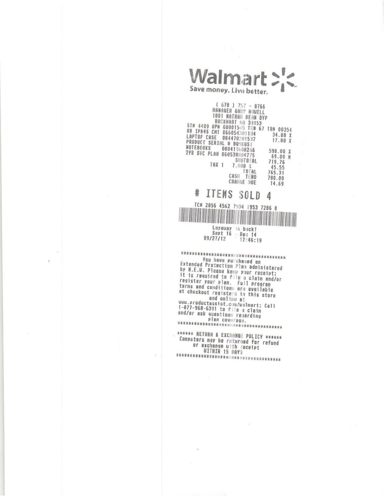 Walmart receipt and check from City of Aragon