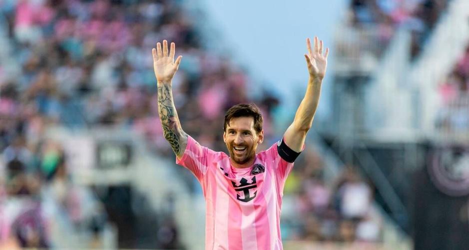Inter Miami forward Lionel Messi (10) celebrates after scoring a goal against the Columbus Crew in the first half of their MLS match at Chase Stadium on Saturday, May 31, 2025, in Fort Lauderdale, Fla. (copy)