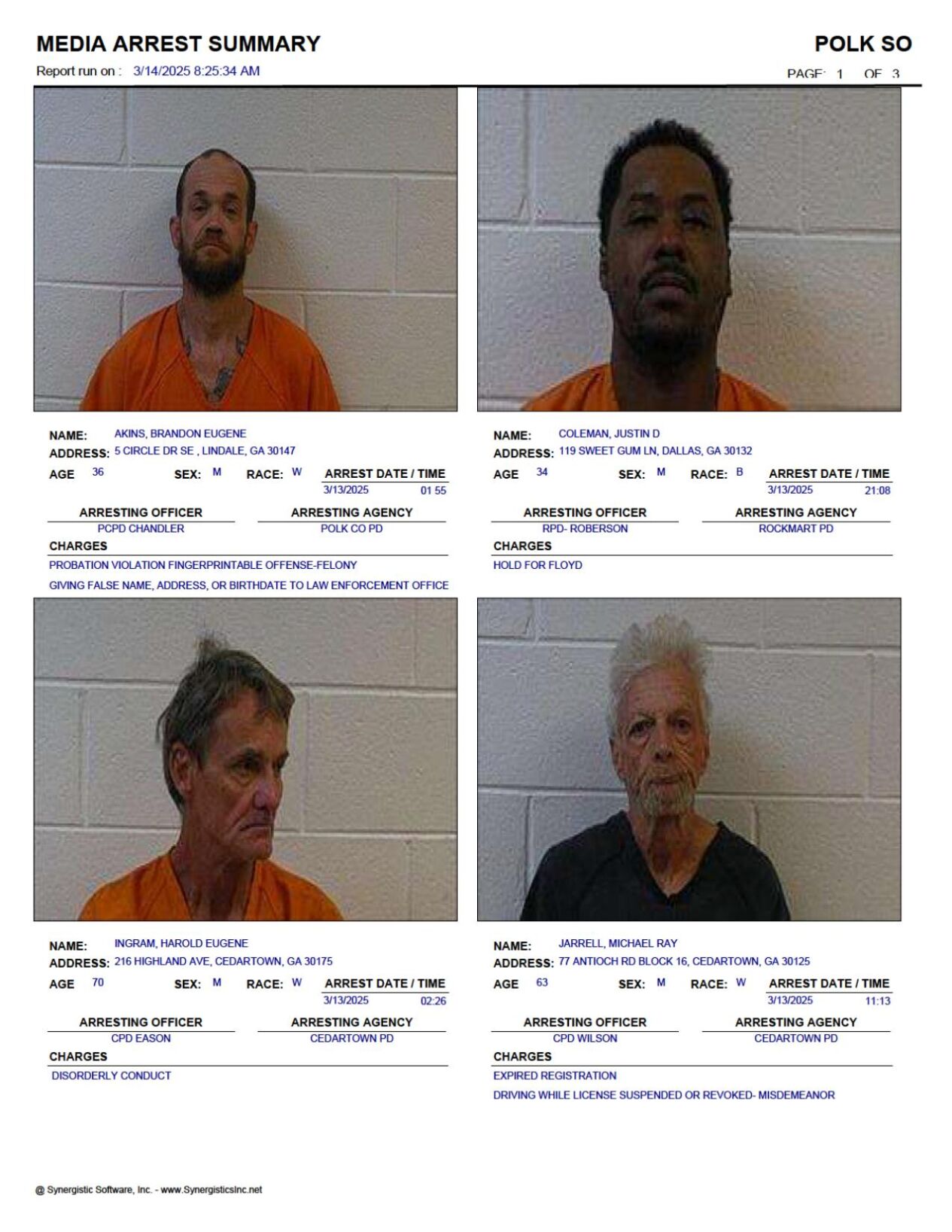 Polk County Jail Report for Friday, March 14 Police Fire
