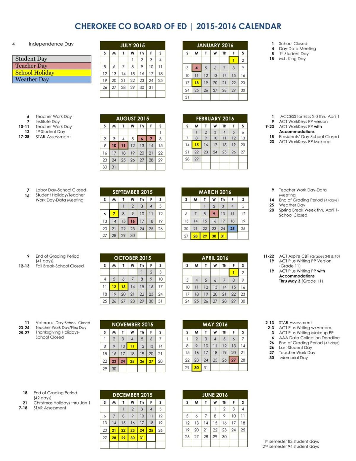 Proposed 2015 2016 Cherokee County School Calendar