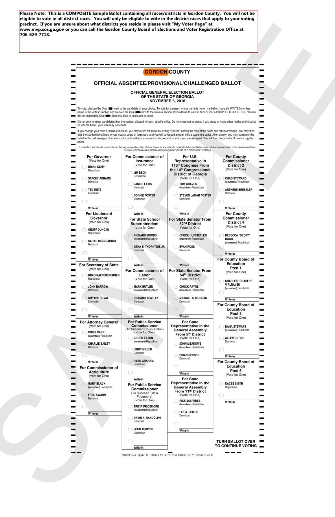 Gordon County sample ballot for Nov. 6 general election