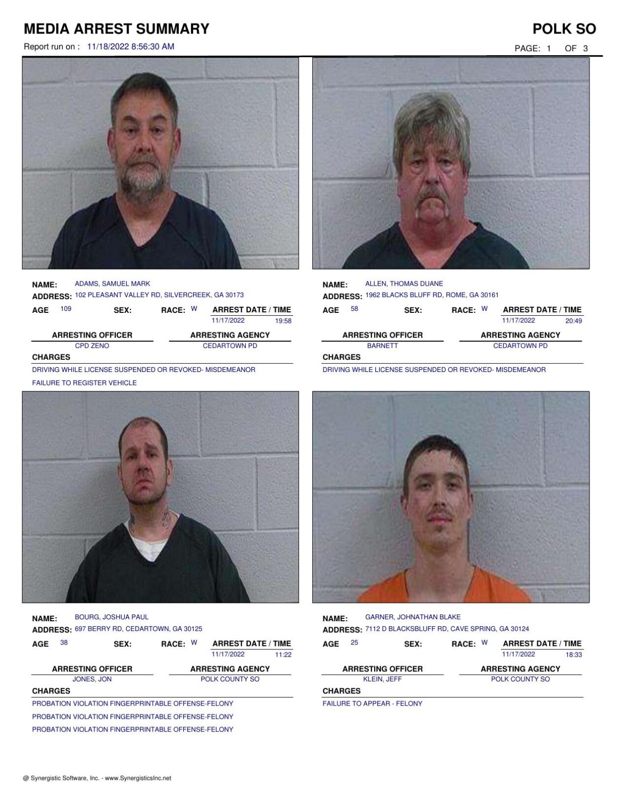 Polk County Jail Report for Friday, Nov. 18