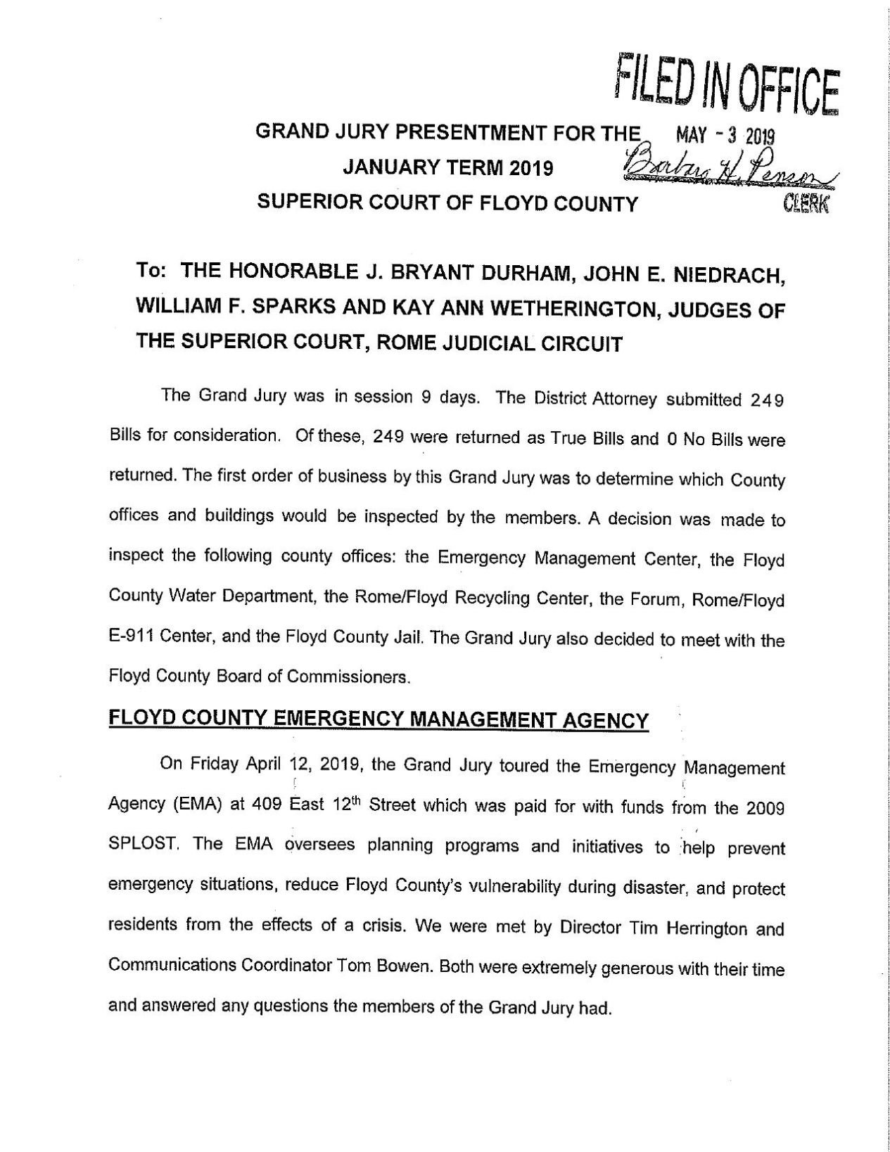Floyd County Superior Court Grand Jury presentment for the January 2019
