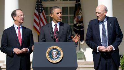 Alan Simpson, co-chairs of the National Commission on Fiscal Responsibility and Reform, speaks on financial reform in the Rose Garden of the White House in Washington, D.C., April 27, 2010.