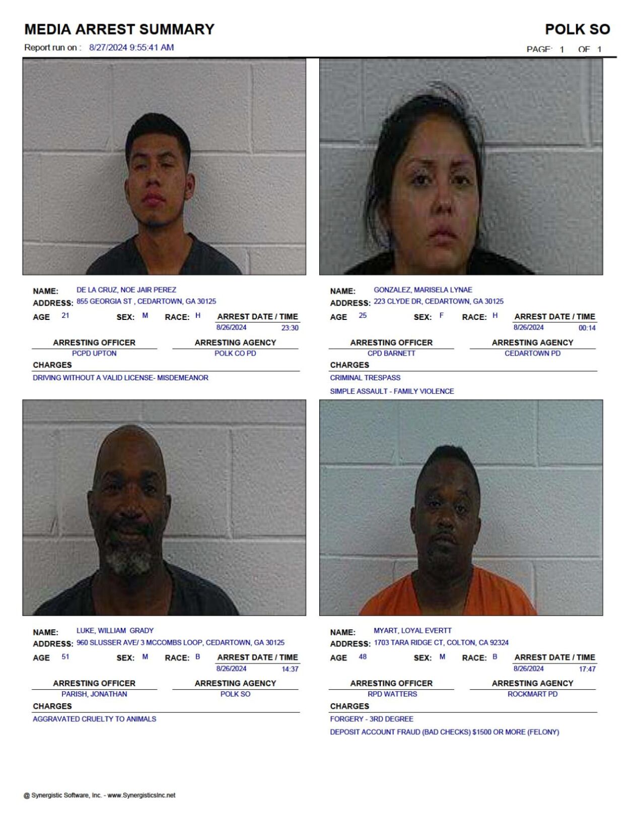 Polk County Jail Report for Tuesday, Aug. 27 Police Fire(00)