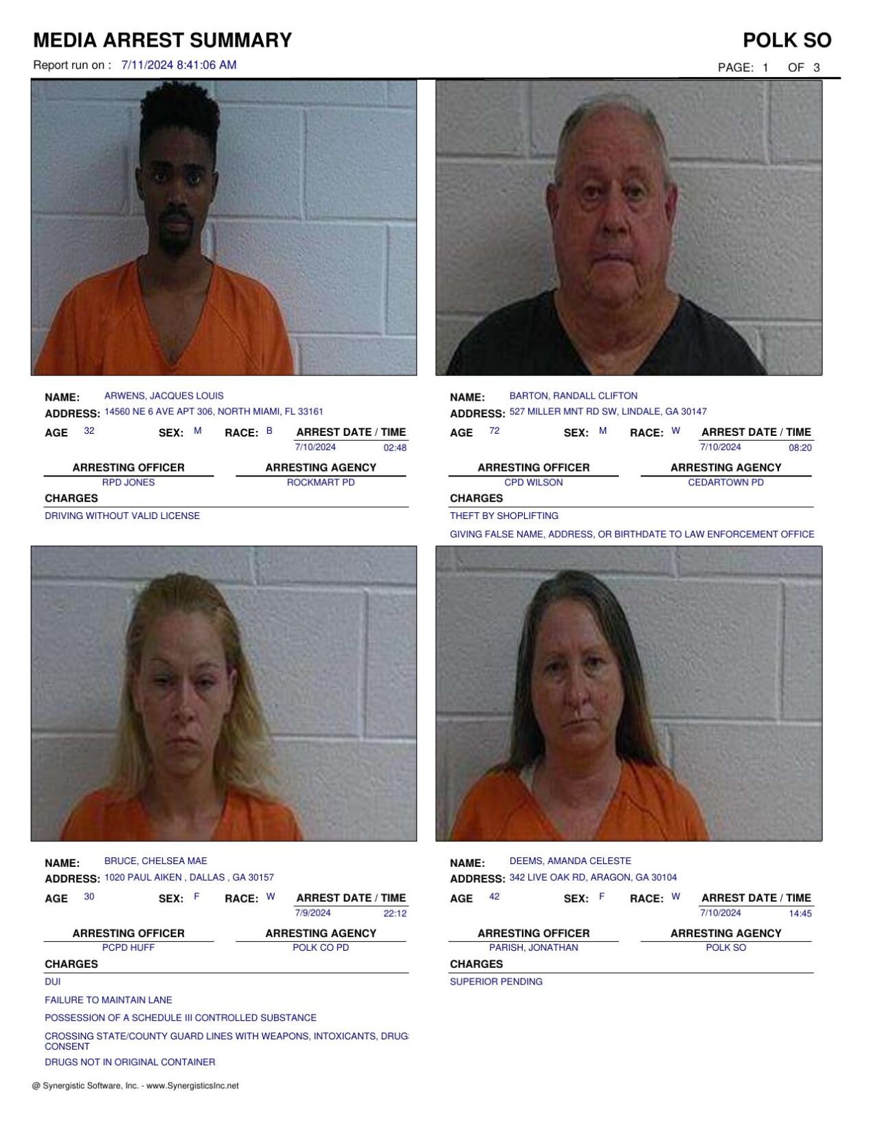 Polk County Jail Report For Thursday July 11 Police Fire