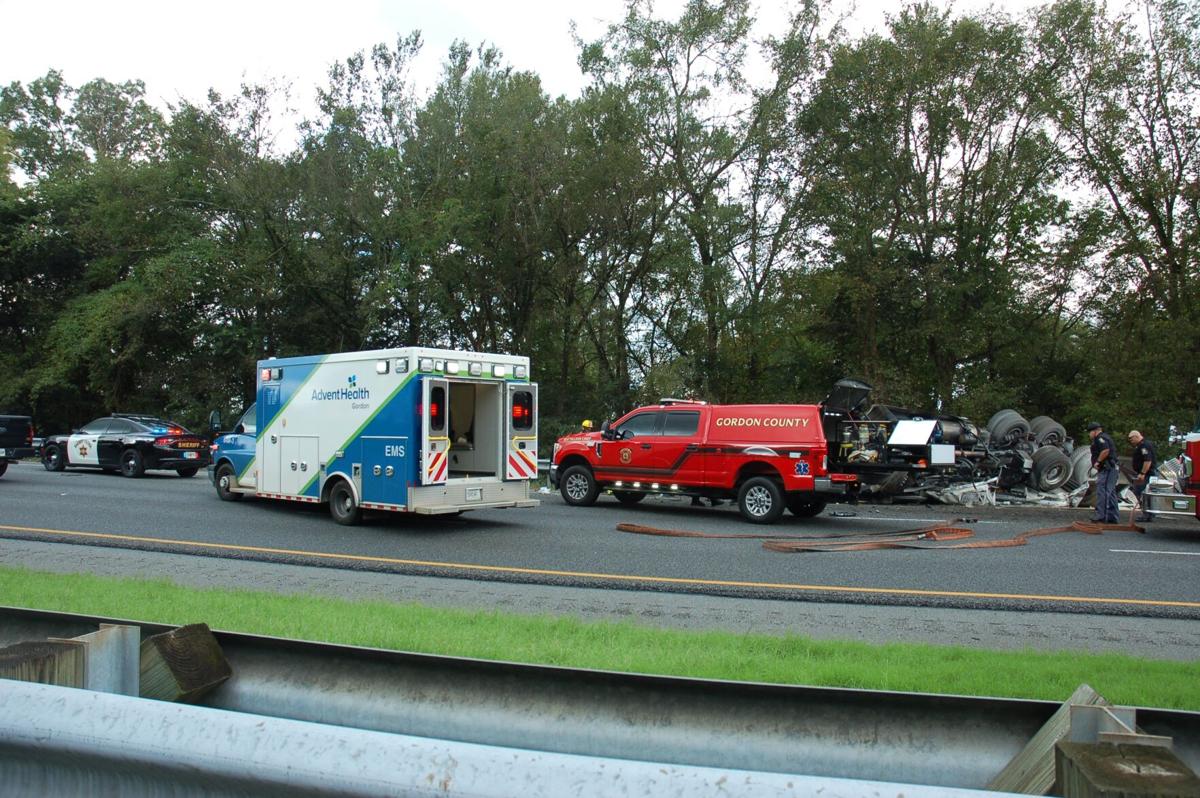 Semi truck overturns, catches fire on I-75 near Adairsville
