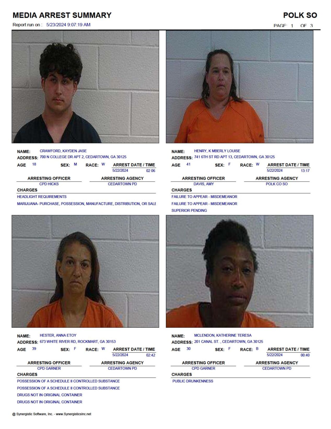 Polk County Jail Report For Thursday May 23 Police Fire