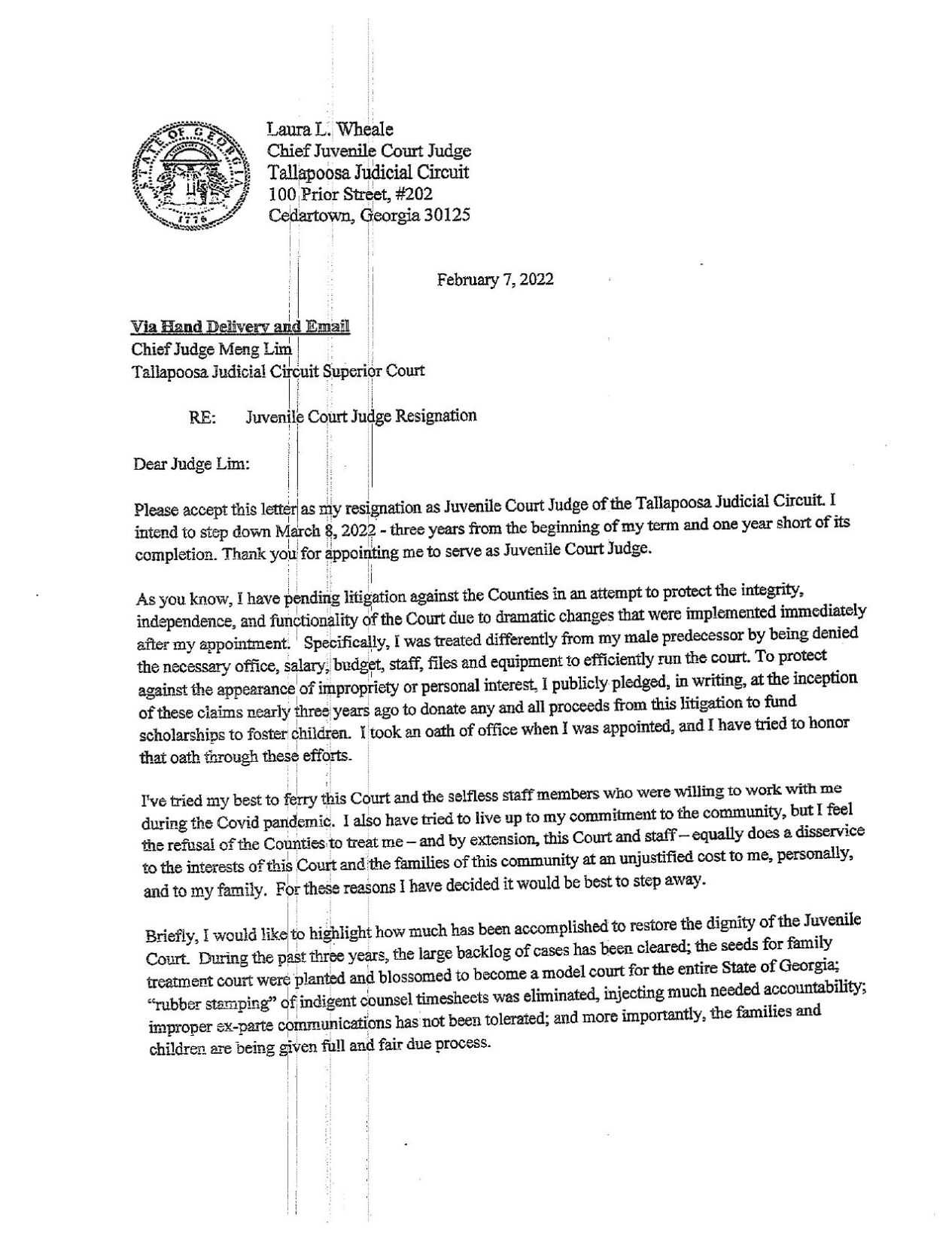 Judge Wheale's Resignation Letter | | northwestgeorgianews.com