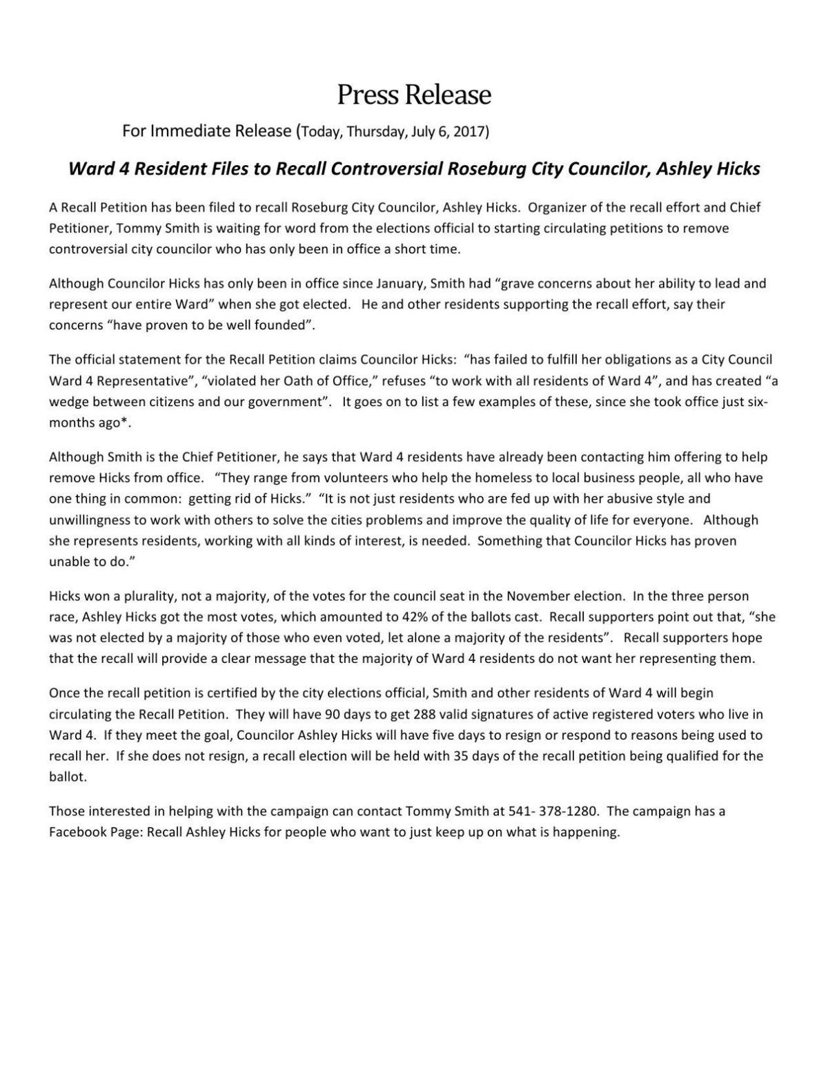 Residents file paperwork to recall Roseburg City Councilor Ashley Hicks