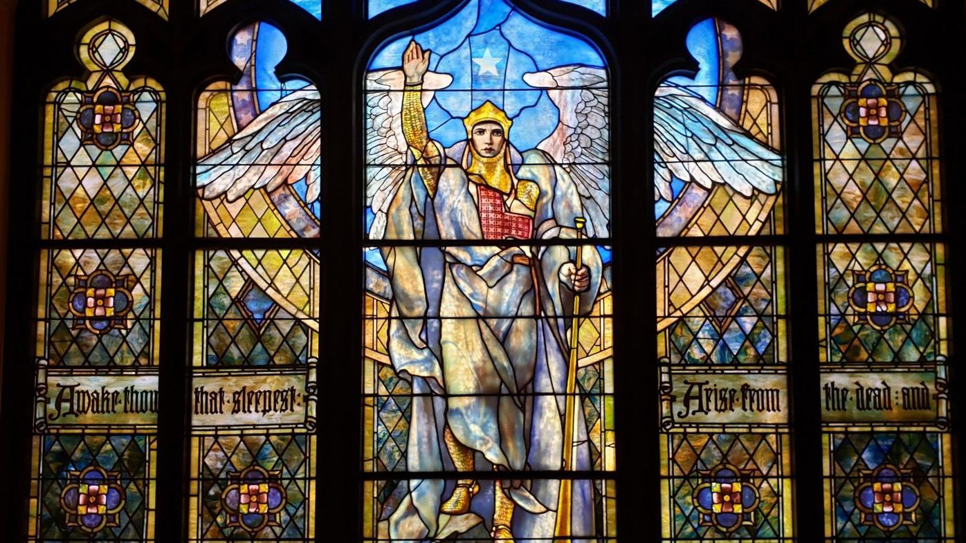 “Angel of the Resurrection”  designed by Frederick Wilson, manufactured by Tiffany Studios.