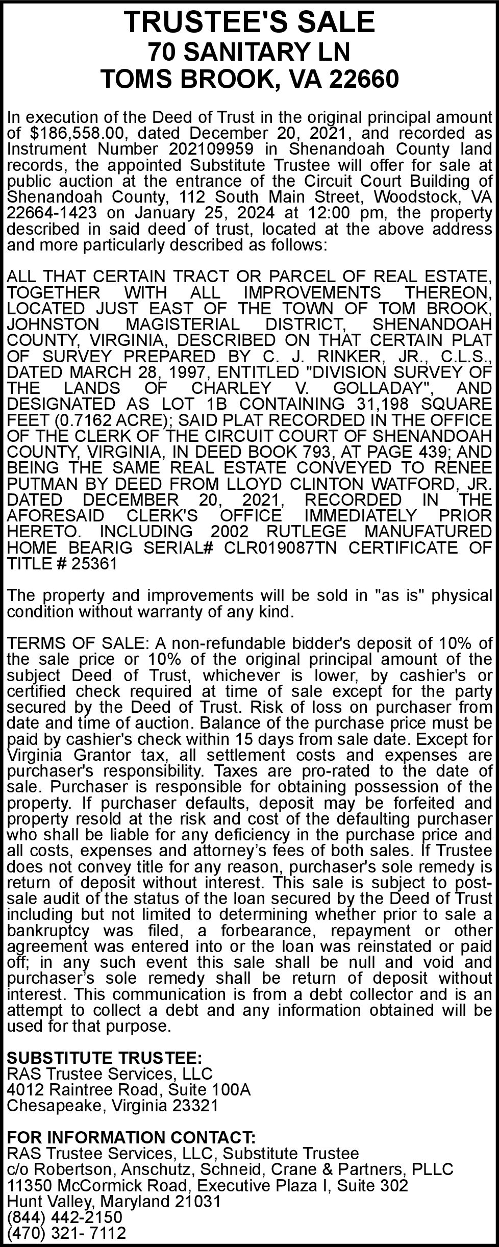70 SANITARY LN TOMS BROOK Notices