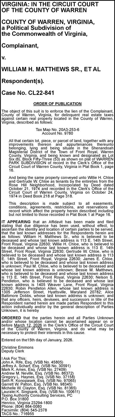Warren Mathews Rochester County of Warren v Matthews | Notices | nvdaily.com