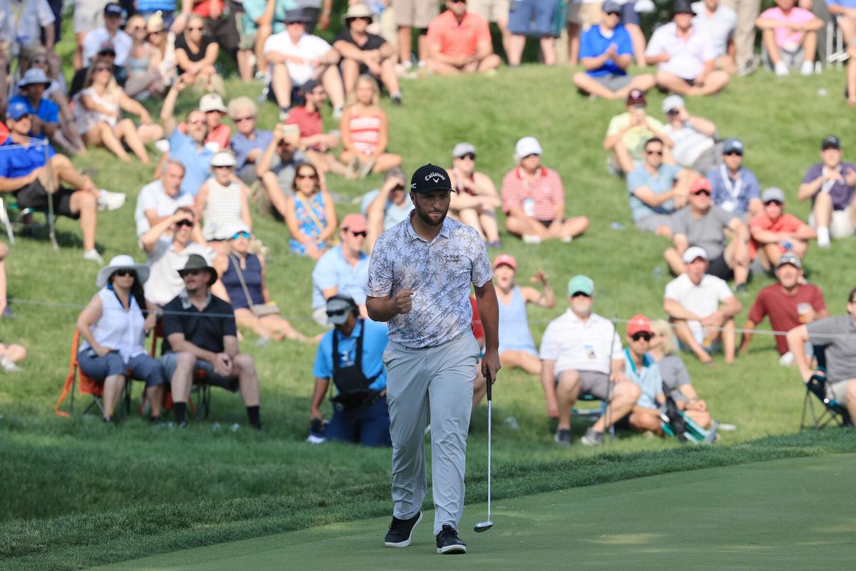 Spain's Jon Rahm reacts to his birdie on the 17th green during the third round of The Memorial Tournament at Muirfield Village Golf Club on Saturday, June 5, 2021 in Dublin, Ohio.