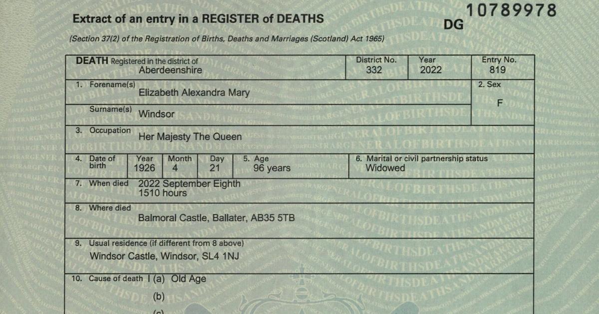 Queen Elizabeth II died of old age, death certificate shows