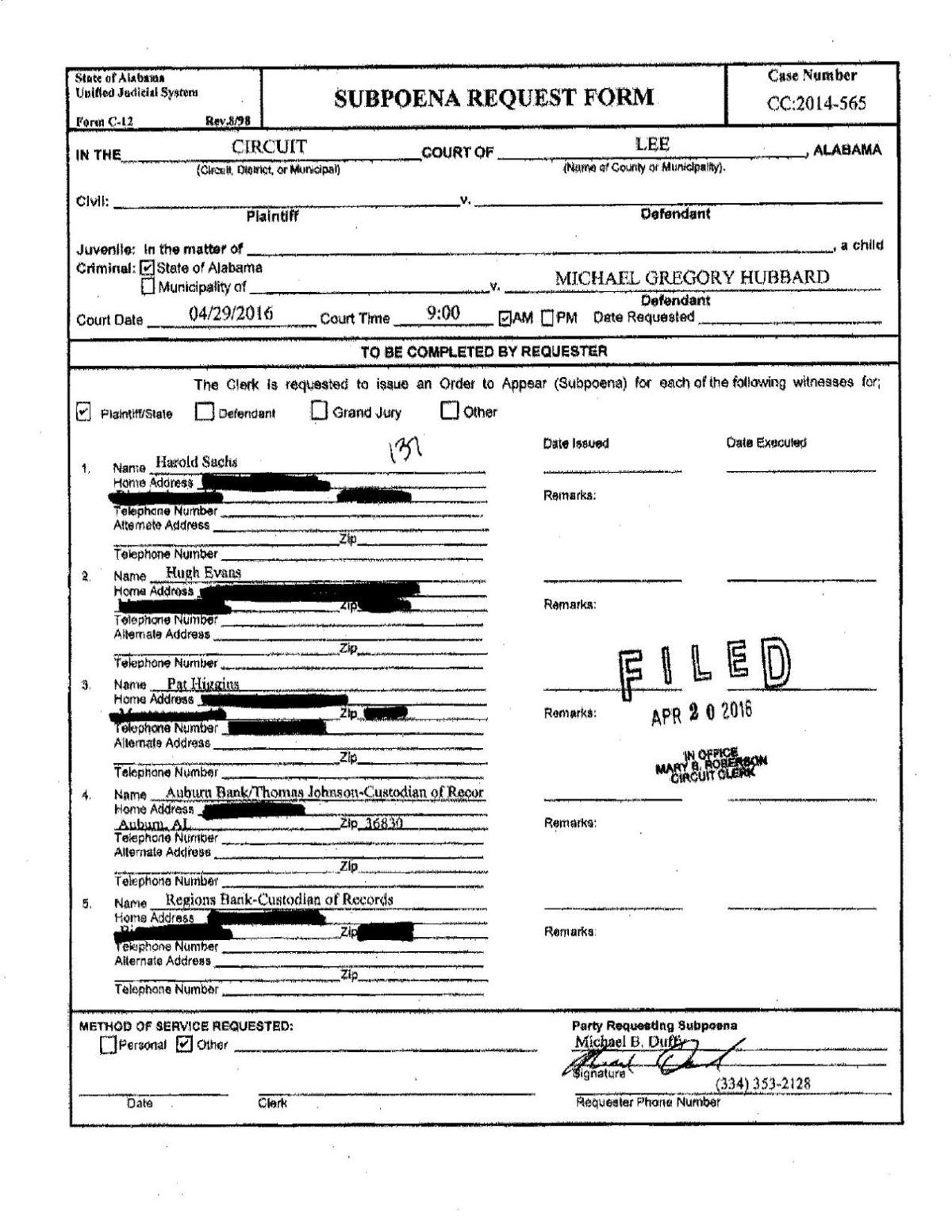 Subpoena Request Forms for Hubbard trial