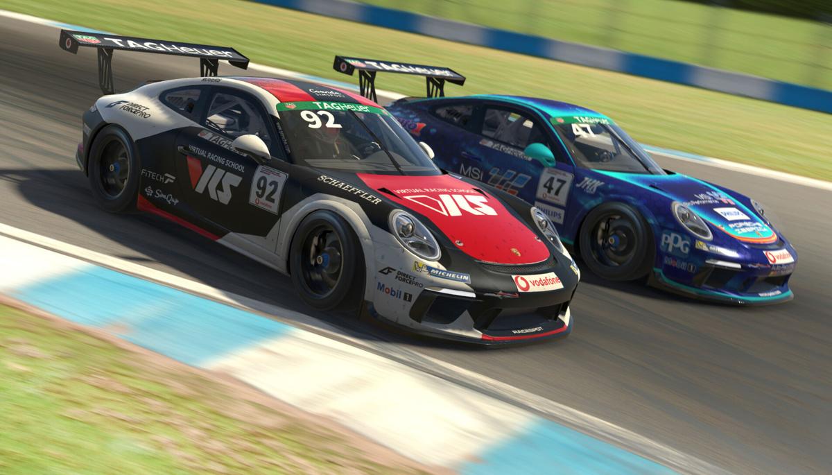From an image computer generated in-game, Joshua Rogers of Australia and VRS Coanda Simport passes Alejandro Sanchez of Spain and MSI eSports for second position during the feature race in Round Three of the Porsche TAG Heuer Esports Supercup run at Don...