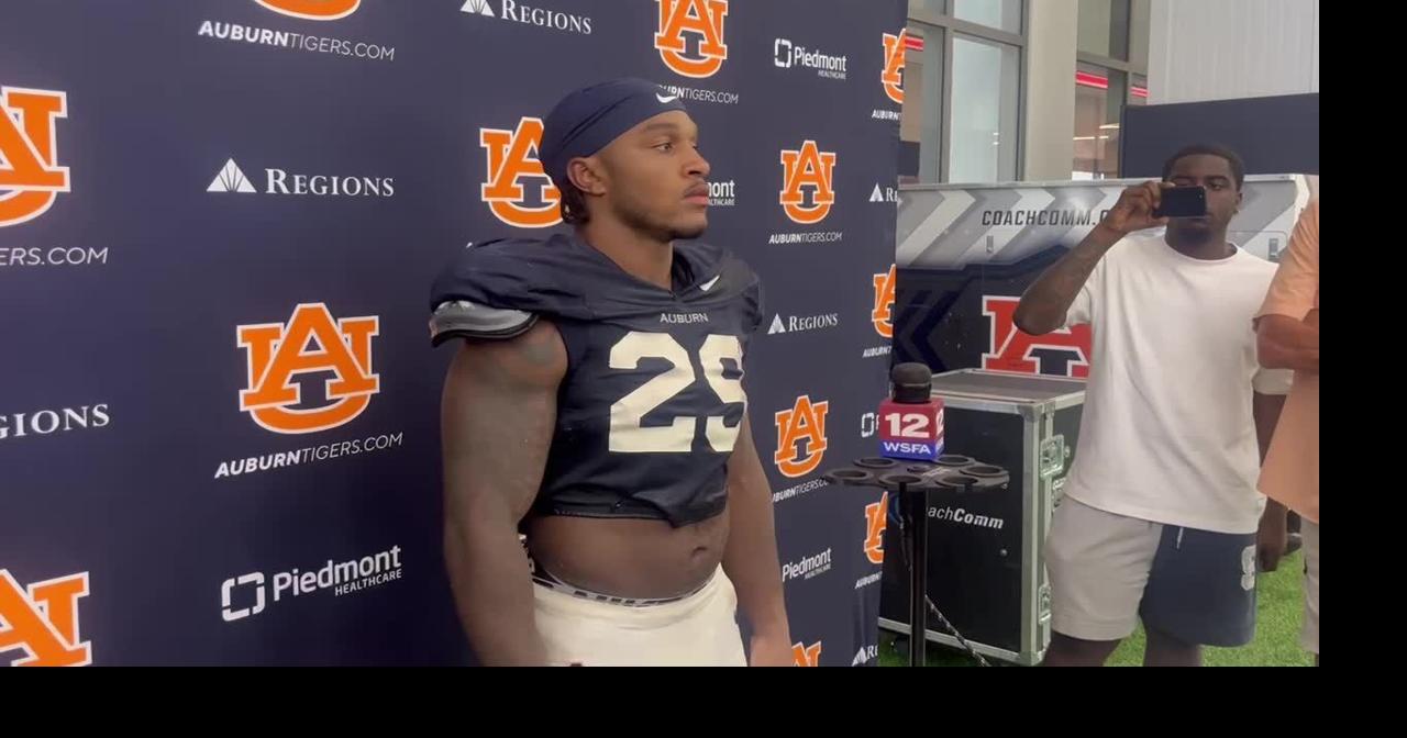 Auburn running back Omar Mabson II speaks following Auburn practice on Wednesday