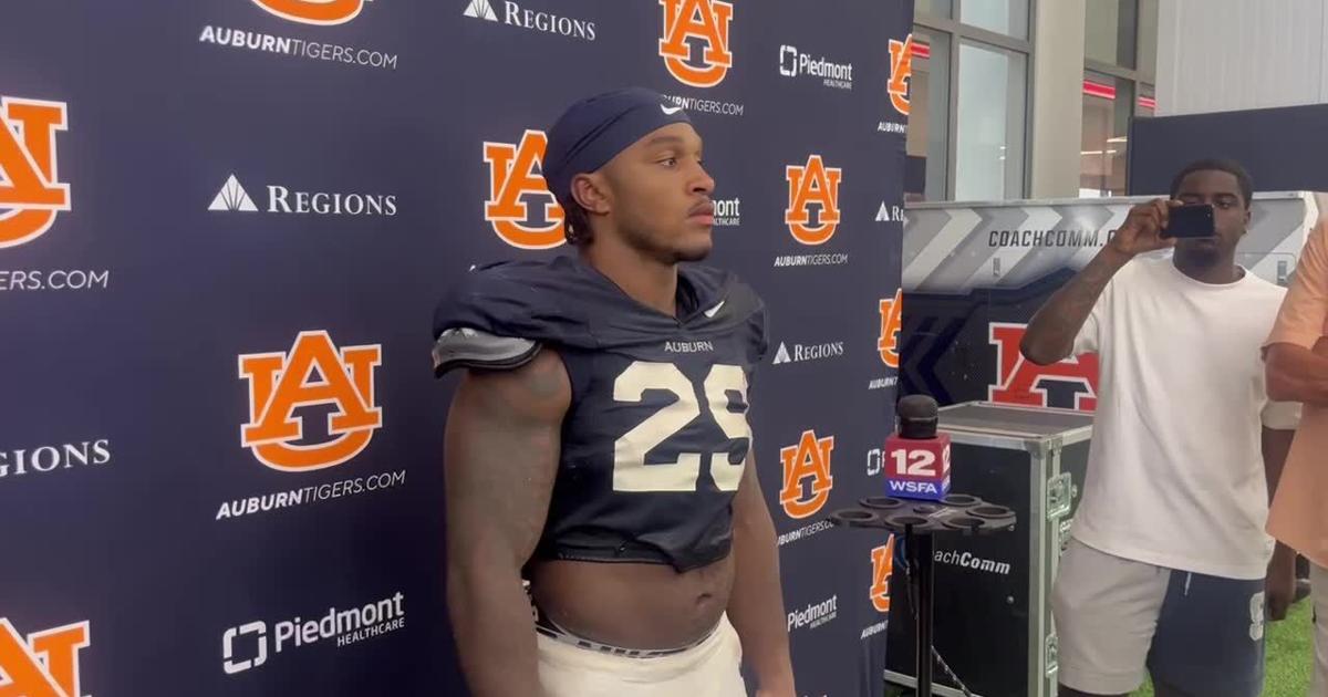 Auburn running back Omar Mabson II speaks following Auburn practice on Wednesday