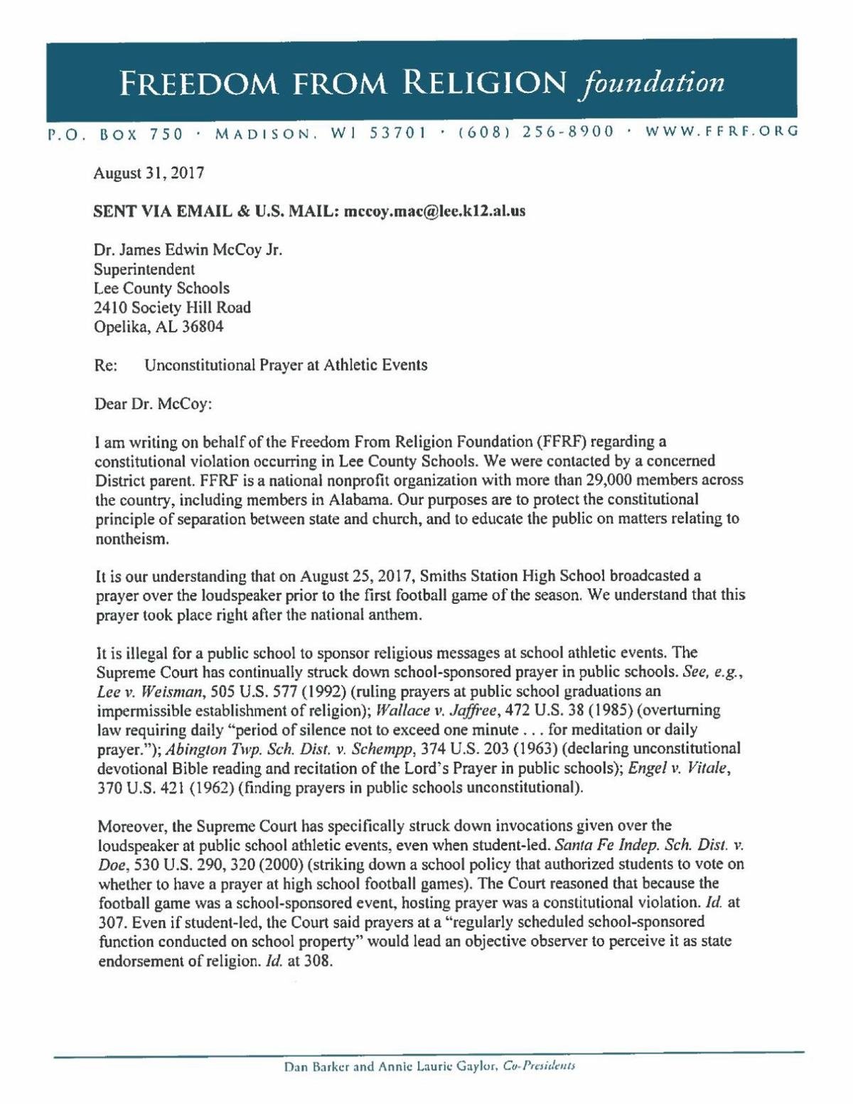 Freedom From Religion Foundation letter