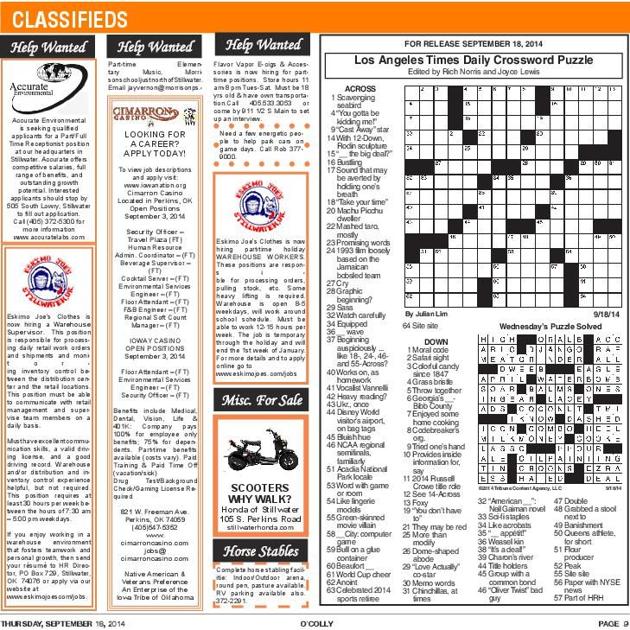 Thursday 9 18 Crossword Puzzles Ocollycom - 